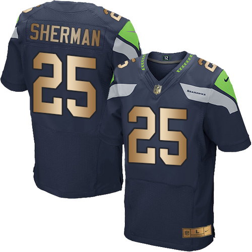 Nike Seahawks #25 Richard Sherman Steel Blue Team Color Men's Stitched NFL Elite Gold Jersey - Click Image to Close